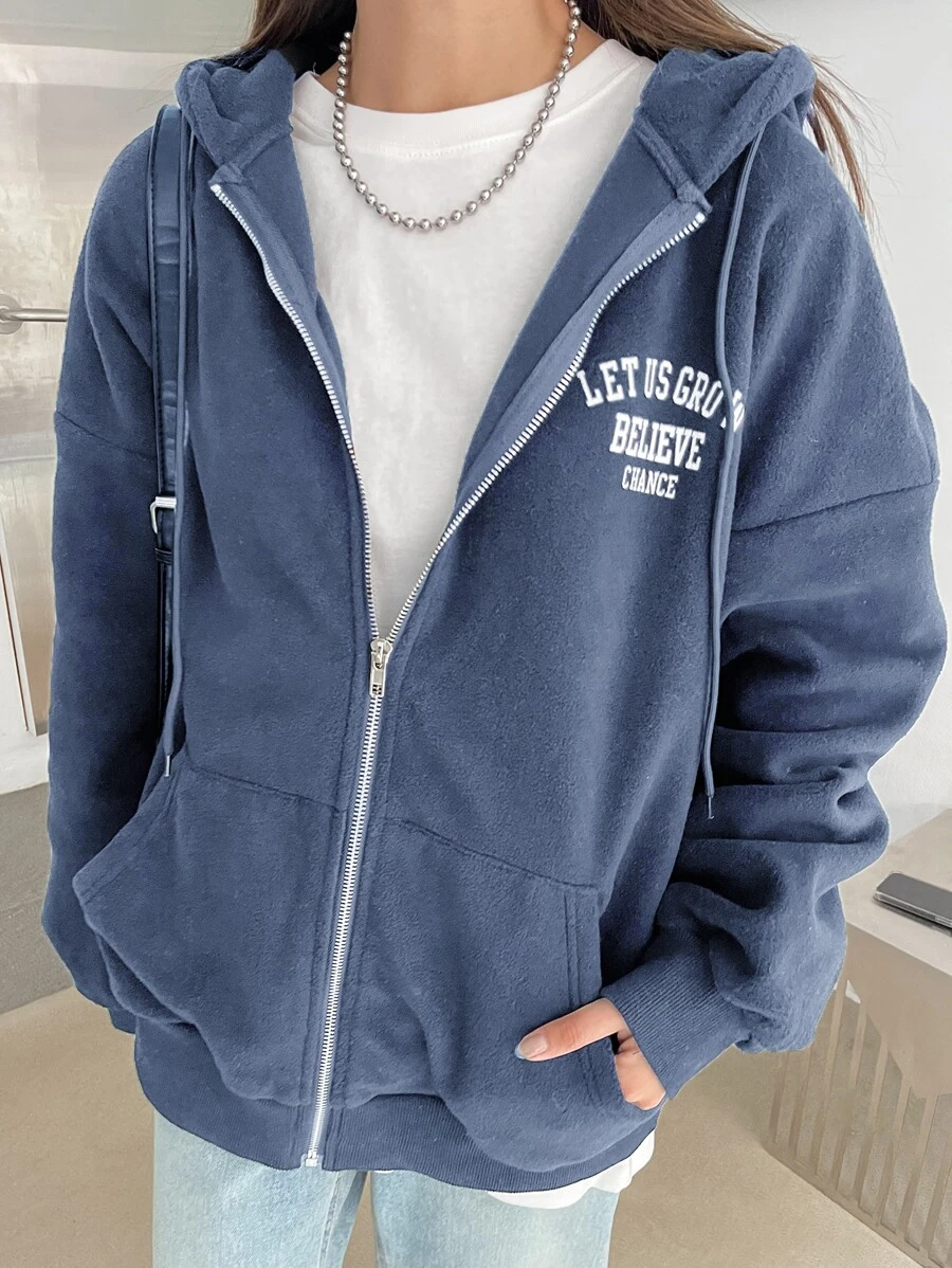 DAZY 标语图案落肩拉链抽绳连帽羊毛夹克，秋季女装 - 藍色 - 查看 1