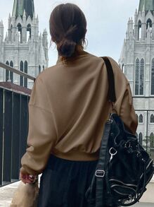 DAZY Letter Embroidery High Neck Drop Shoulder Pullover - Coffee Brown - View 2