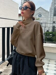 DAZY Letter Embroidery High Neck Drop Shoulder Pullover - Coffee Brown - View 3
