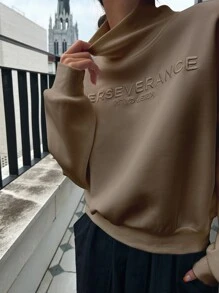 DAZY Letter Embroidery High Neck Drop Shoulder Pullover - Coffee Brown - View 4