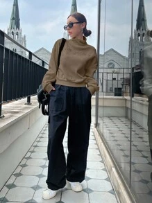 DAZY Letter Embroidery High Neck Drop Shoulder Pullover - Coffee Brown - View 5