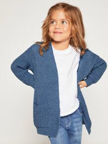 SHEIN 少女雙口袋落肩長外套開衫 - 霧霾藍 - 查看 1