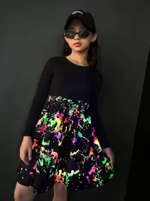 SHEIN Girls Reflective Splatter Paint Belted Dress - Multicolor - View 1