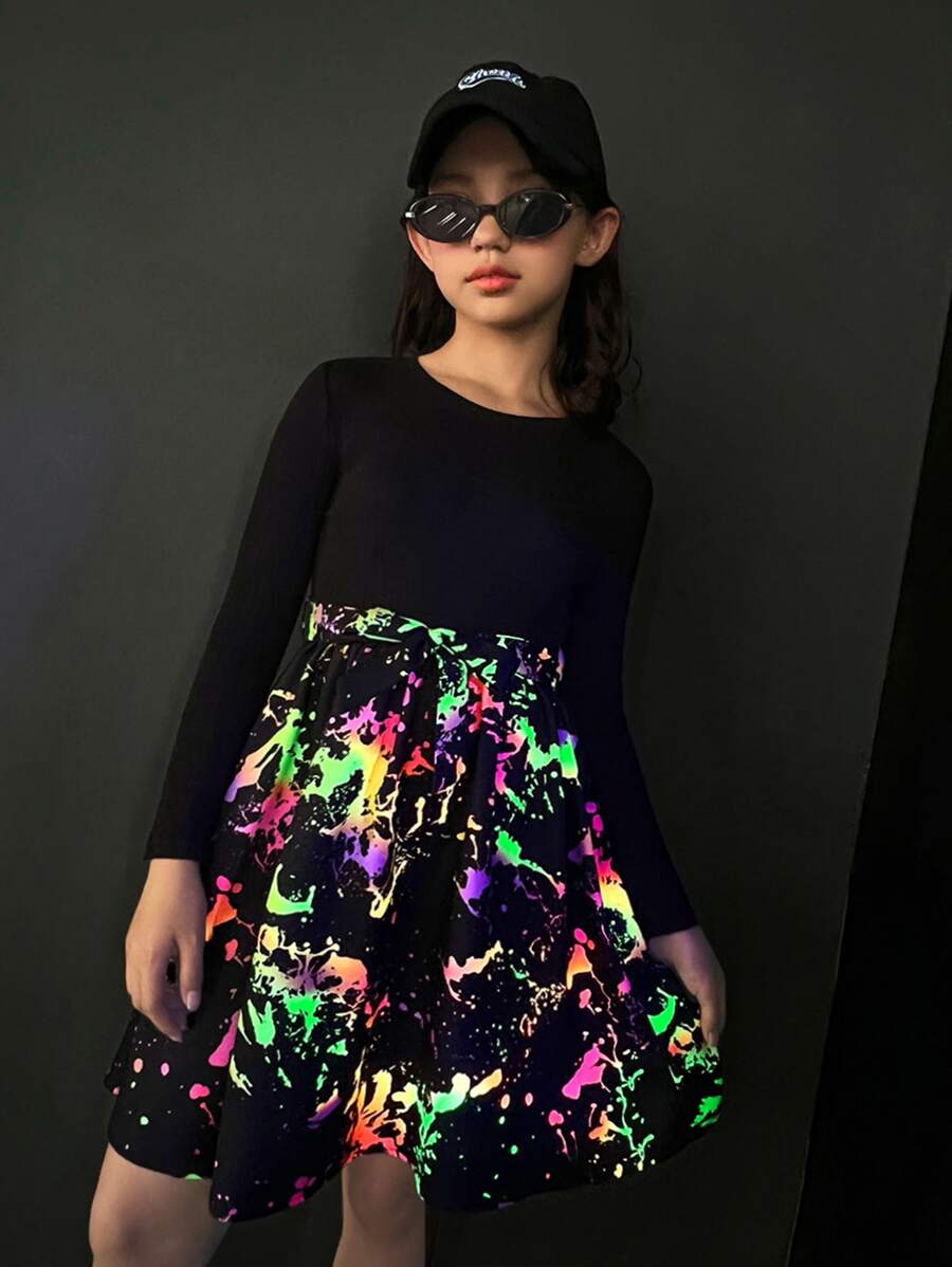 SHEIN Girls Reflective Splatter Paint Belted Dress - Multicolor - View 1