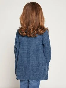 SHEIN 少女雙口袋落肩長外套開衫 - 霧霾藍 - 查看 2