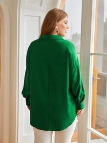 SHEIN LUNE Áo sơ mi Plus Size Chia Nút phía trước màu trơn Giải trí - màu xanh lá - Xem 2