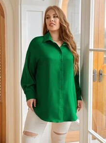 SHEIN LUNE Áo sơ mi Plus Size Chia Nút phía trước màu trơn Giải trí - màu xanh lá - Xem 4