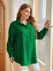SHEIN LUNE Áo sơ mi Plus Size Chia Nút phía trước màu trơn Giải trí - màu xanh lá - Xem 5
