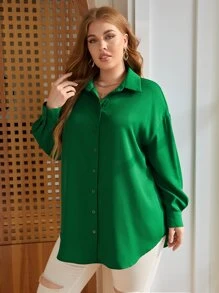 SHEIN LUNE Áo sơ mi Plus Size Chia Nút phía trước màu trơn Giải trí - màu xanh lá - Xem 6