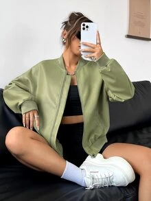 SHEIN Coolane Solid Drop Shoulder Bomber Jacket - Lime Green - View 7