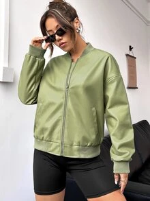 SHEIN Coolane Solid Drop Shoulder Bomber Jacket - Lime Green - View 5