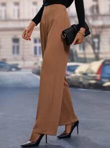 SHEIN Frenchy High Waist Wide Leg Trousers - Khaki - View 3