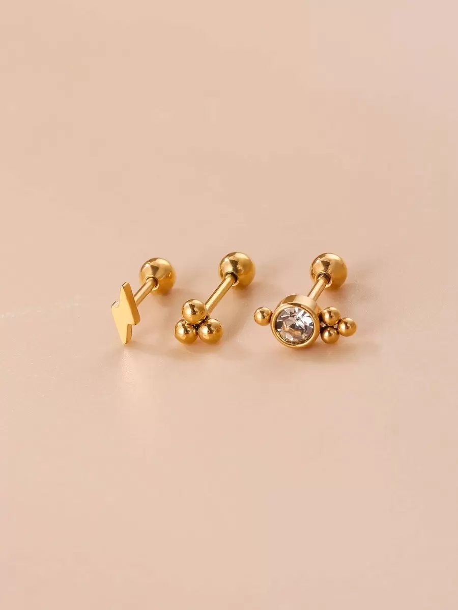 3pcs Lightning & Rhinestone Decor Stud Earring