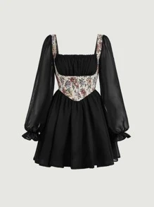 SHEIN MOD Flounce Sleeve Ruched Bust Floral Print 2 In 1 Dress - Black - View 1