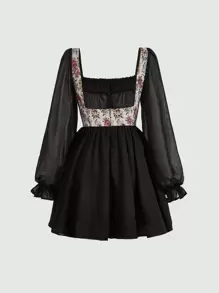 SHEIN MOD Flounce Sleeve Ruched Bust Floral Print 2 In 1 Dress - Black - View 5