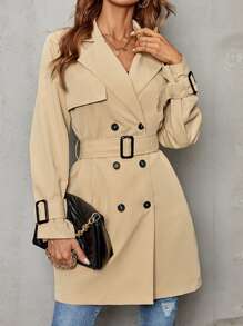 SHEIN Clasi Áo khoác ngoài nữ Thắt lưng Nút đôi màu trơn Giải trí - Màu Khaki - Xem 1
