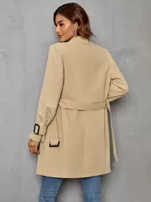SHEIN Clasi Áo khoác ngoài nữ Thắt lưng Nút đôi màu trơn Giải trí - Màu Khaki - Xem 2