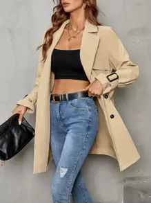 SHEIN Clasi Áo khoác ngoài nữ Thắt lưng Nút đôi màu trơn Giải trí - Màu Khaki - Xem 3