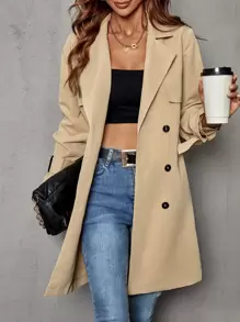 SHEIN Clasi Áo khoác ngoài nữ Thắt lưng Nút đôi màu trơn Giải trí - Màu Khaki - Xem 4