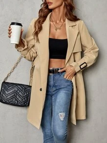 SHEIN Clasi Áo khoác ngoài nữ Thắt lưng Nút đôi màu trơn Giải trí - Màu Khaki - Xem 5