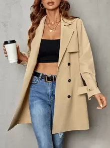 SHEIN Clasi Áo khoác ngoài nữ Thắt lưng Nút đôi màu trơn Giải trí - Màu Khaki - Xem 6