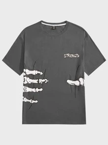 ROMWE MEN Street Life Men Letter & Skeleton Graphic Tee For Halloween, School - Dark Grey - View 1