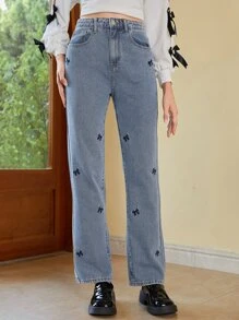 SHEIN MOD Bow Embroidery Straight Leg Jeans - Medium Wash - View 1