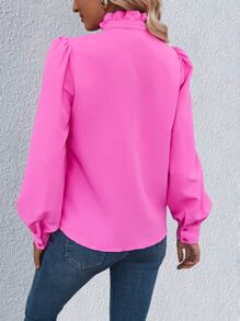 SHEIN LUNE Solid Frill Trim Puff Sleeve Shirt - Hot Pink - View 2