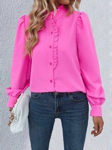 SHEIN LUNE Solid Frill Trim Puff Sleeve Shirt - Hot Pink - View 3