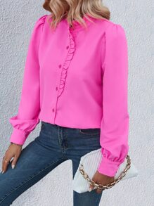 SHEIN LUNE Solid Frill Trim Puff Sleeve Shirt - Hot Pink - View 5