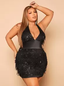 SHEIN SXY Plus Tie Backless Sequin Fringe Trim Halter Bodycon Dress - Black - View 1