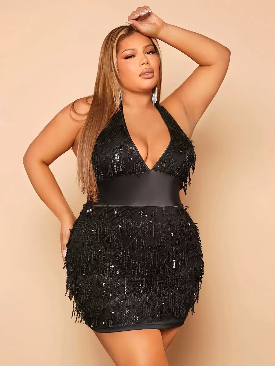 SHEIN SXY Plus Tie Backless Sequin Fringe Trim Halter Bodycon Dress - Black - View 1