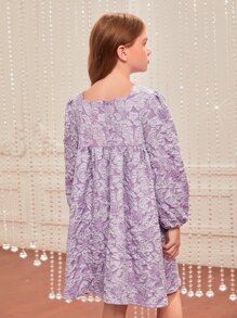 SHEIN Girls 1pc Allover Floral Jacquard Bow Front Lantern Sleeve Dress - Lilac Purple - View 3