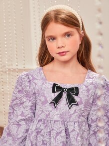 SHEIN Girls 1pc Allover Floral Jacquard Bow Front Lantern Sleeve Dress - Lilac Purple - View 5