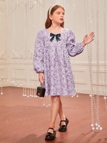 SHEIN Girls 1pc Allover Floral Jacquard Bow Front Lantern Sleeve Dress - Lilac Purple - View 6