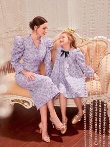 SHEIN Girls 1pc Allover Floral Jacquard Bow Front Lantern Sleeve Dress - Lilac Purple - View 7