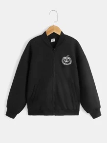 SHEIN Niñas Cazadora tipo bomber con diamante de imitación con letra con con patrón de Halloween de hombros caídos - Negro - Ver 2