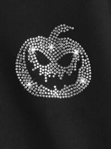 SHEIN Niñas Cazadora tipo bomber con diamante de imitación con letra con con patrón de Halloween de hombros caídos - Negro - Ver 4