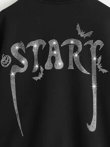 SHEIN Niñas Cazadora tipo bomber con diamante de imitación con letra con con patrón de Halloween de hombros caídos - Negro - Ver 3