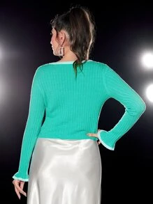 Mulvari Contrast Trim Flounce Sleeve Cardigan - Mint Blue - View 2