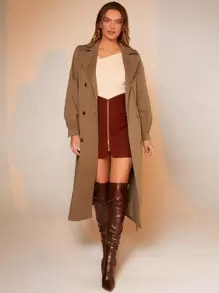 BizChic 女士长款翻领泡泡袖双排扣系腰风衣，秋冬季 - 駝色 - 查看 3