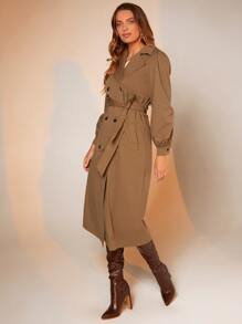 BizChic 女士长款翻领泡泡袖双排扣系腰风衣，秋冬季 - 駝色 - 查看 6