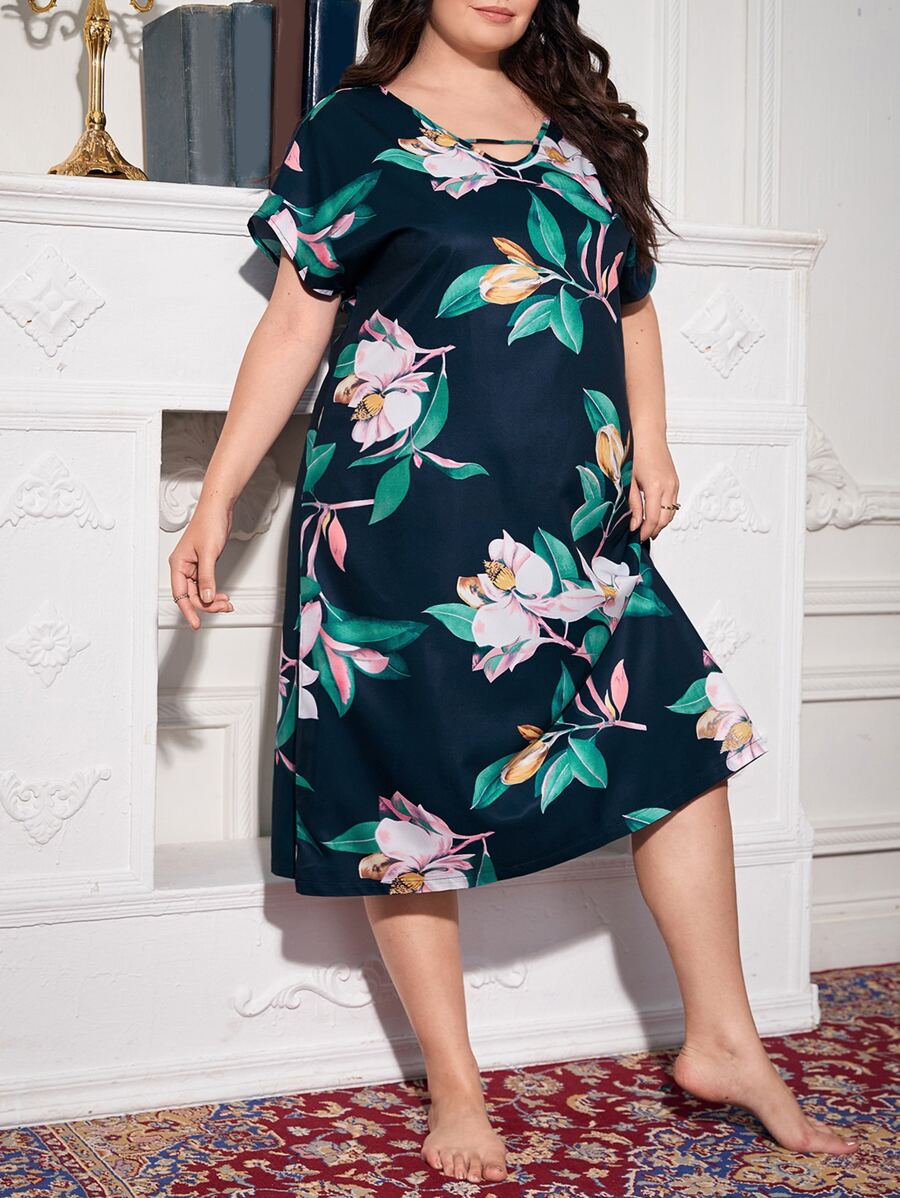 大碼印花鏤空蝙蝠袖睡裙 - 藏蓝色 - 查看 1