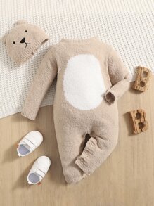 SHEIN Baby Two Tone Knit Jumpsuit & Hat - Apricot - View 1