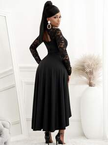 Vestido con encaje en contraste bajo irregular - Negro - Ver 2