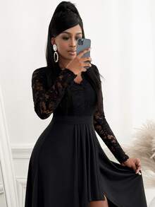 Vestido con encaje en contraste bajo irregular - Negro - Ver 3