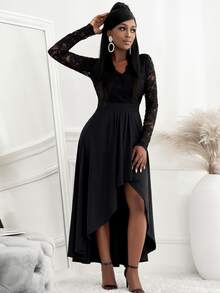 Vestido con encaje en contraste bajo irregular - Negro - Ver 4
