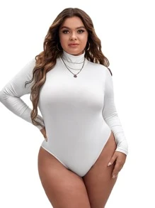 SHEIN Essnce Plus High Neck Slim Fit Tee Bodysuit, For Winter - White - View 4