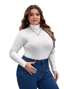 SHEIN Essnce Plus High Neck Slim Fit Tee Bodysuit, For Winter - White - View 6