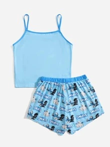 ROMWE X The Smurfs Letter Cartoon Graphic Knot Decor Pajama Set, School - Blue - View 2